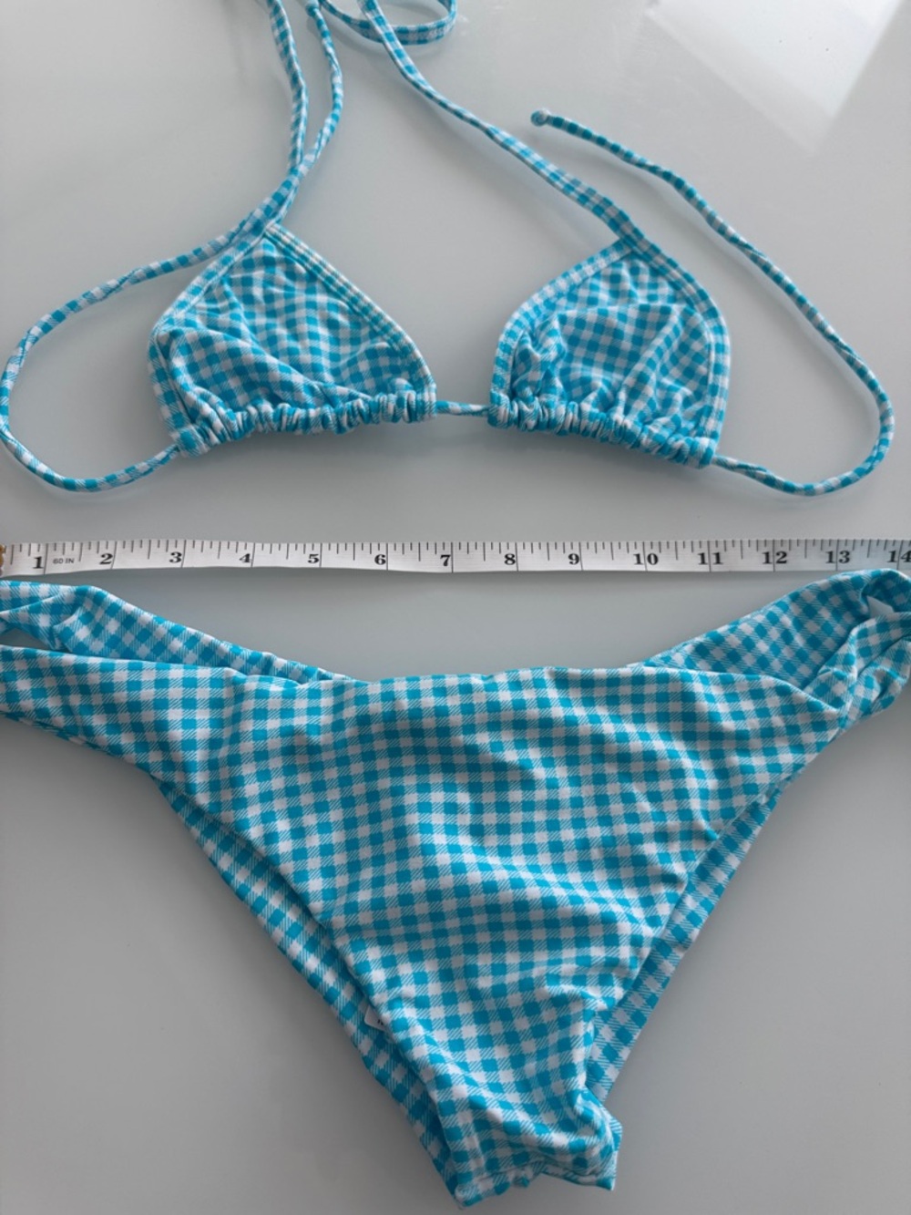 Gingham Triangle Bikini Set - Aqua/White